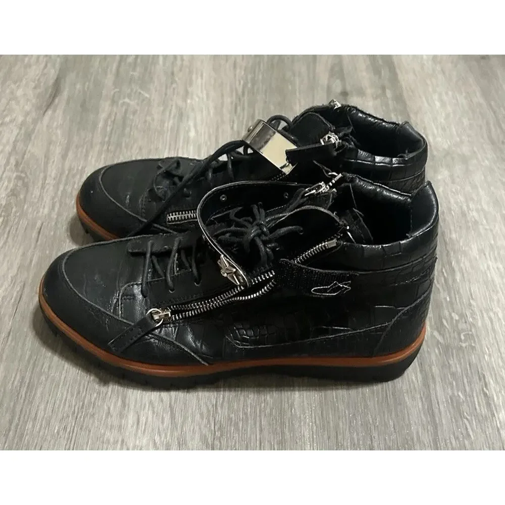 Giuseppe Zanotti Black Croc Embossed Leather High Top Sneakers Double Zip EU 39